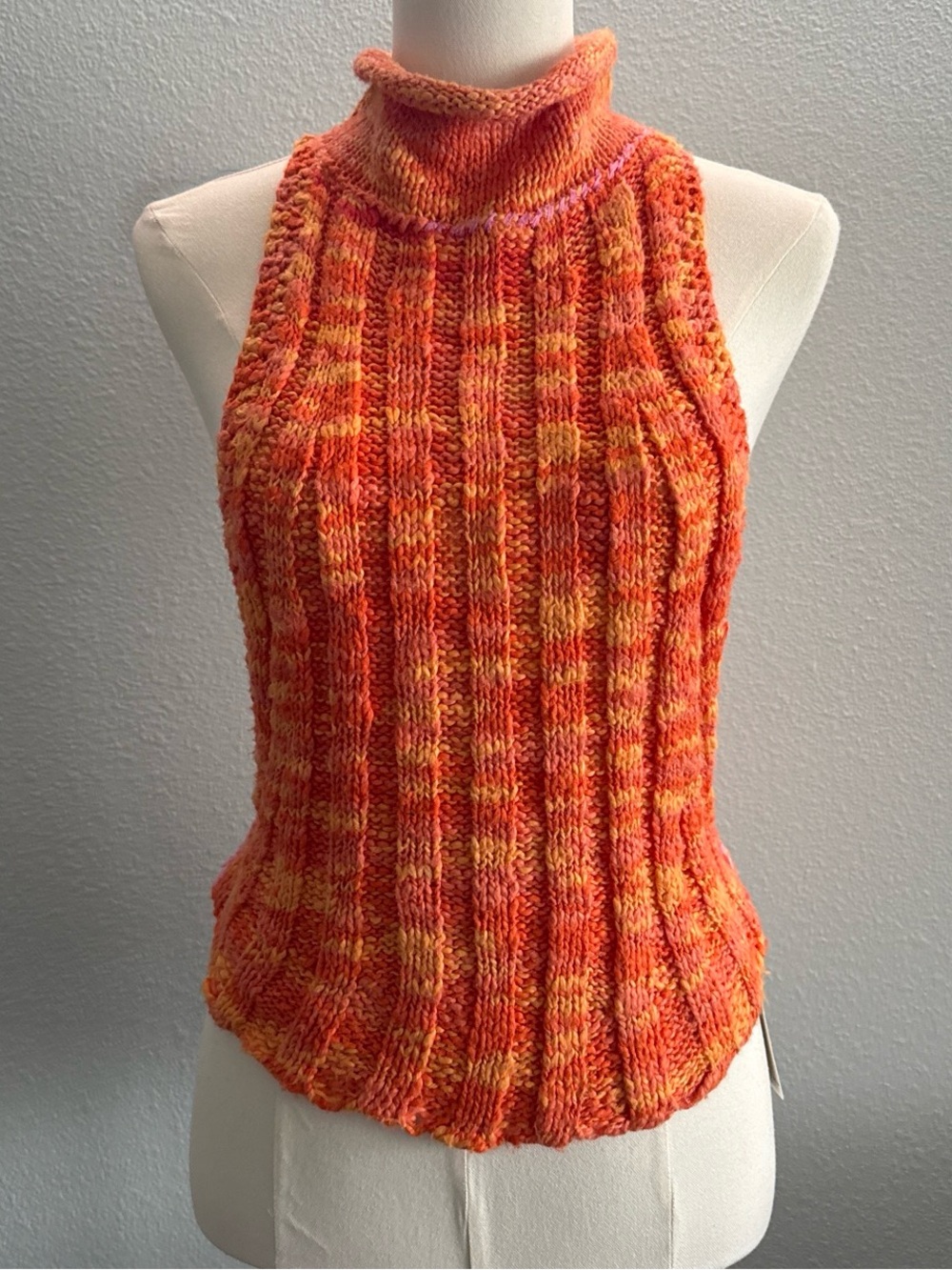 NWT Free People Knit Open Back Halter Sweater Tank Top Orange Multi XS Boho